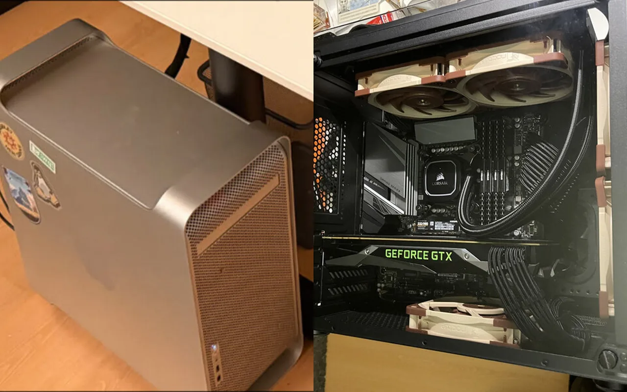 Left: the silver Power Mac G5 case that holds the LLM server. Right: the ZFS storage server through its glass side panel