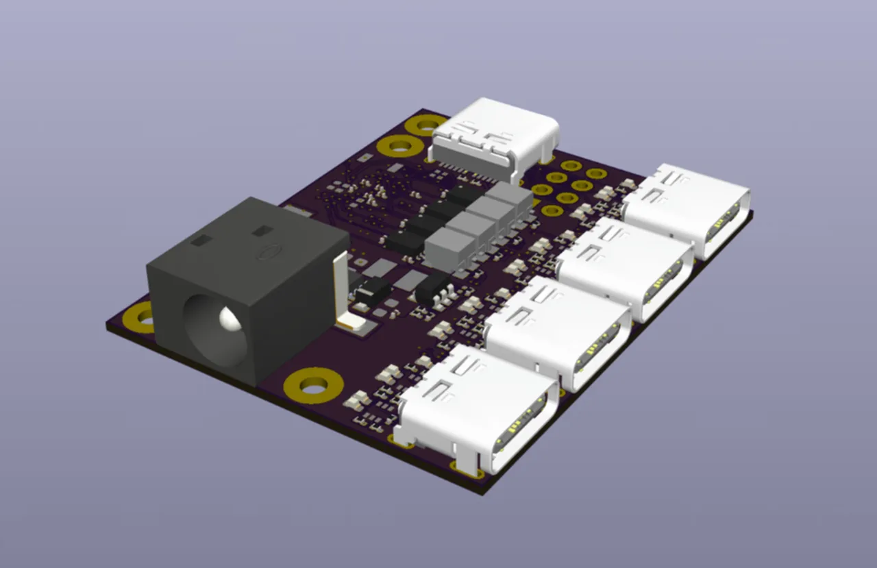 KiCad 3D render of the board: a barrel jack, a USB-C host port and four USB-C ports along one edge, with small parts packed between them